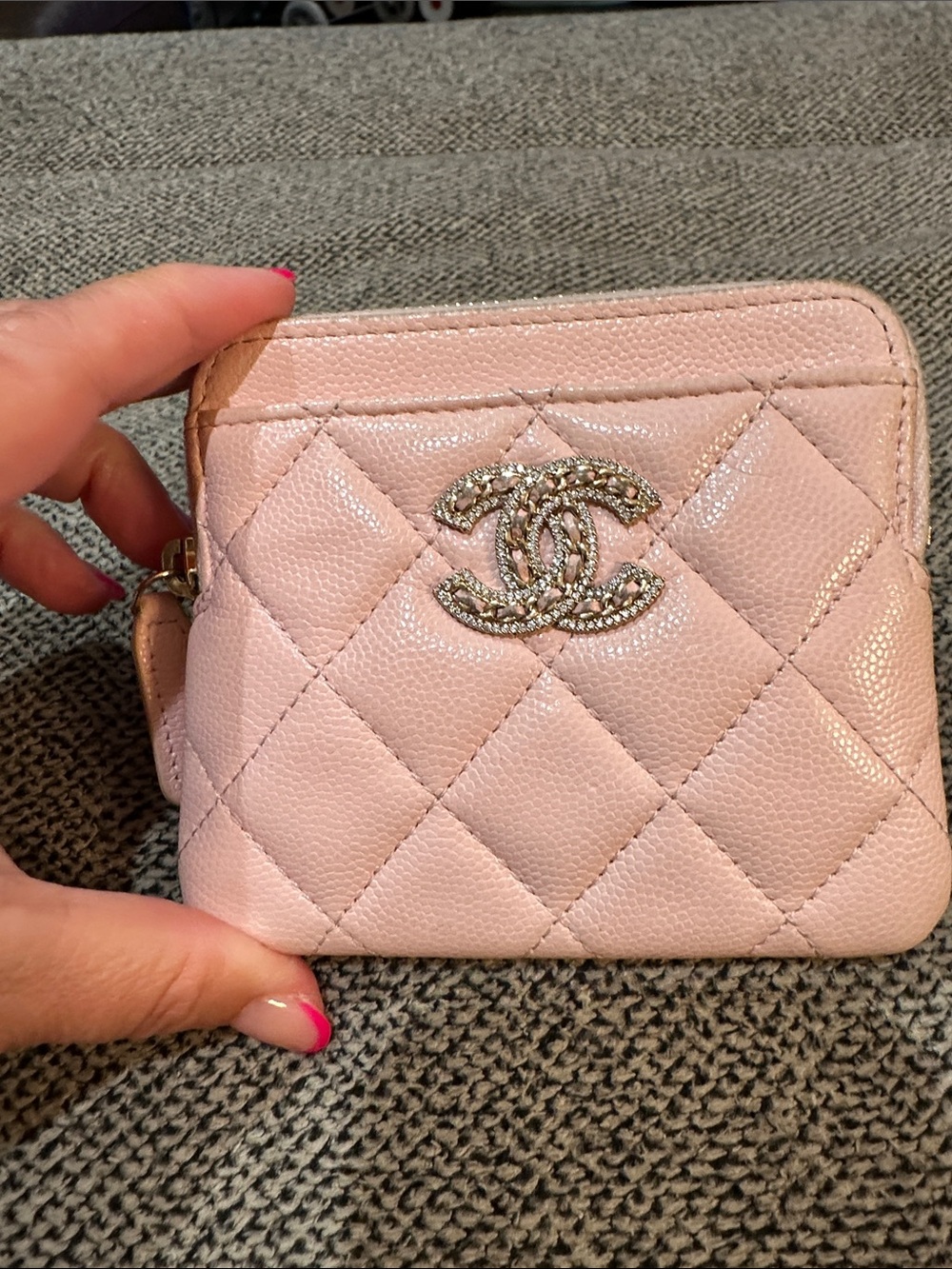 CHANEL Quilted Light Pink Mini Wallet with Crystal CC